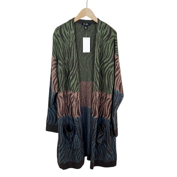 NWT Jessica Simpson Color Block Zebra Animal Print Cardigan Sweater Size Large - Picture 2 of 8